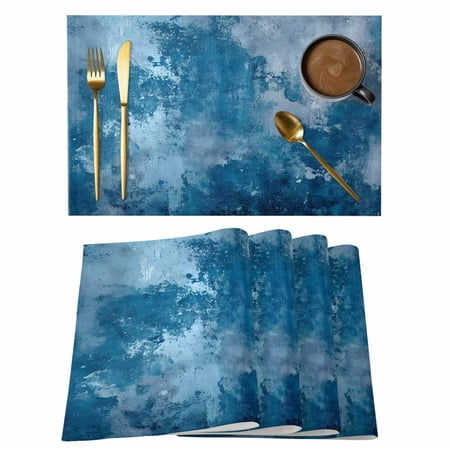 Vintage Blue Placemats Set of 2 Cotton Linen Fabric Place Mats Oil Painting Modern Abstract Art Washable Decorative Table Mats Protector for Home Kitchen Dining Wedding Party Coffee Tables