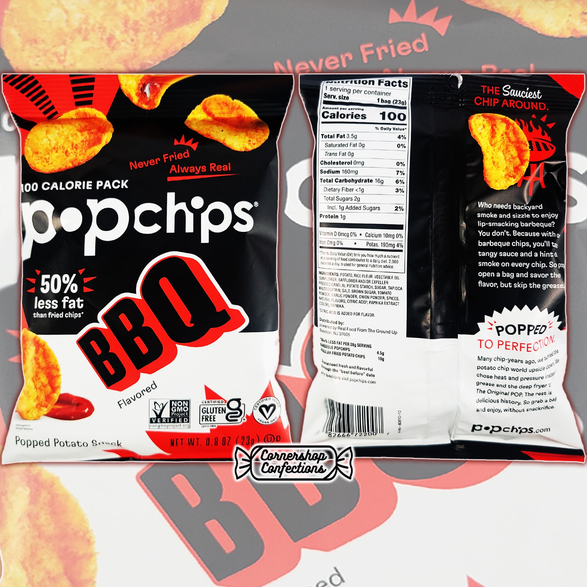 Popchips Barbecue Bulk Pack - 24 Individually Sealed 0.8 Ounce Bags - Popped Potato Snack - Never Fried, Always Real - For Lunches, Quick Snacks, Movie Nights in Cornershop Confections Pack