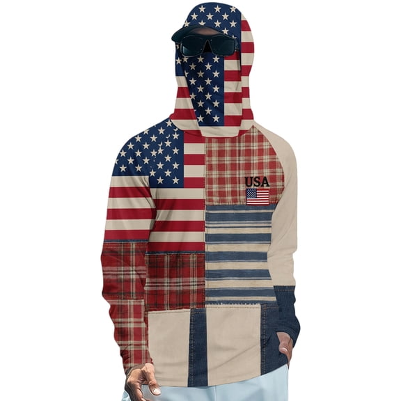 250th Anniversary American Flag Shirt for Man UPF 50 Sun Protection Long Sleeve Shirts Rash Guard Fishing Hoodie with Face Mask
