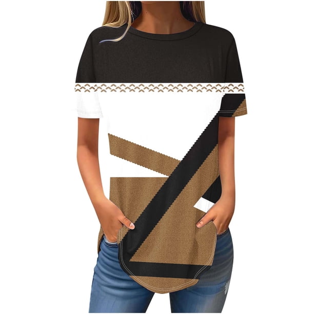 Tops de Algodón para las Mujeres Patchwork Impresión Cuello Redondo Suelto Tee, Imitación Algodón Tops Cortos para las Mujeres