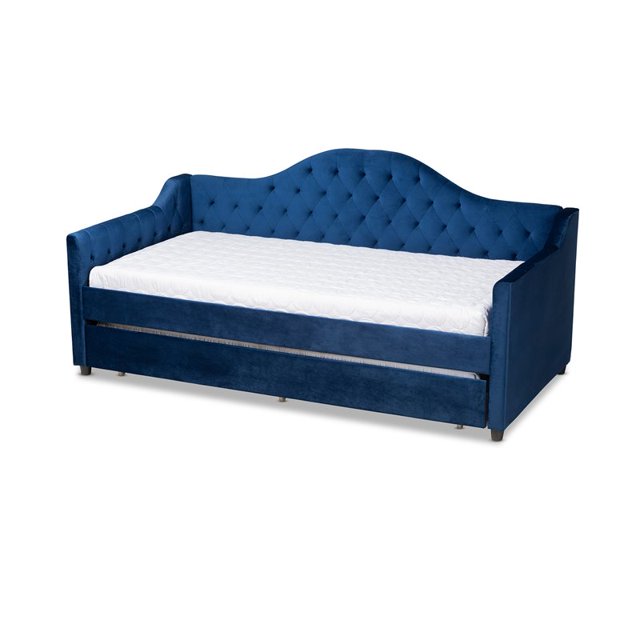 Baxton Studio Perry Contemporary Tufted Velvet Twin Daybed with Trundle, Kids, Blue