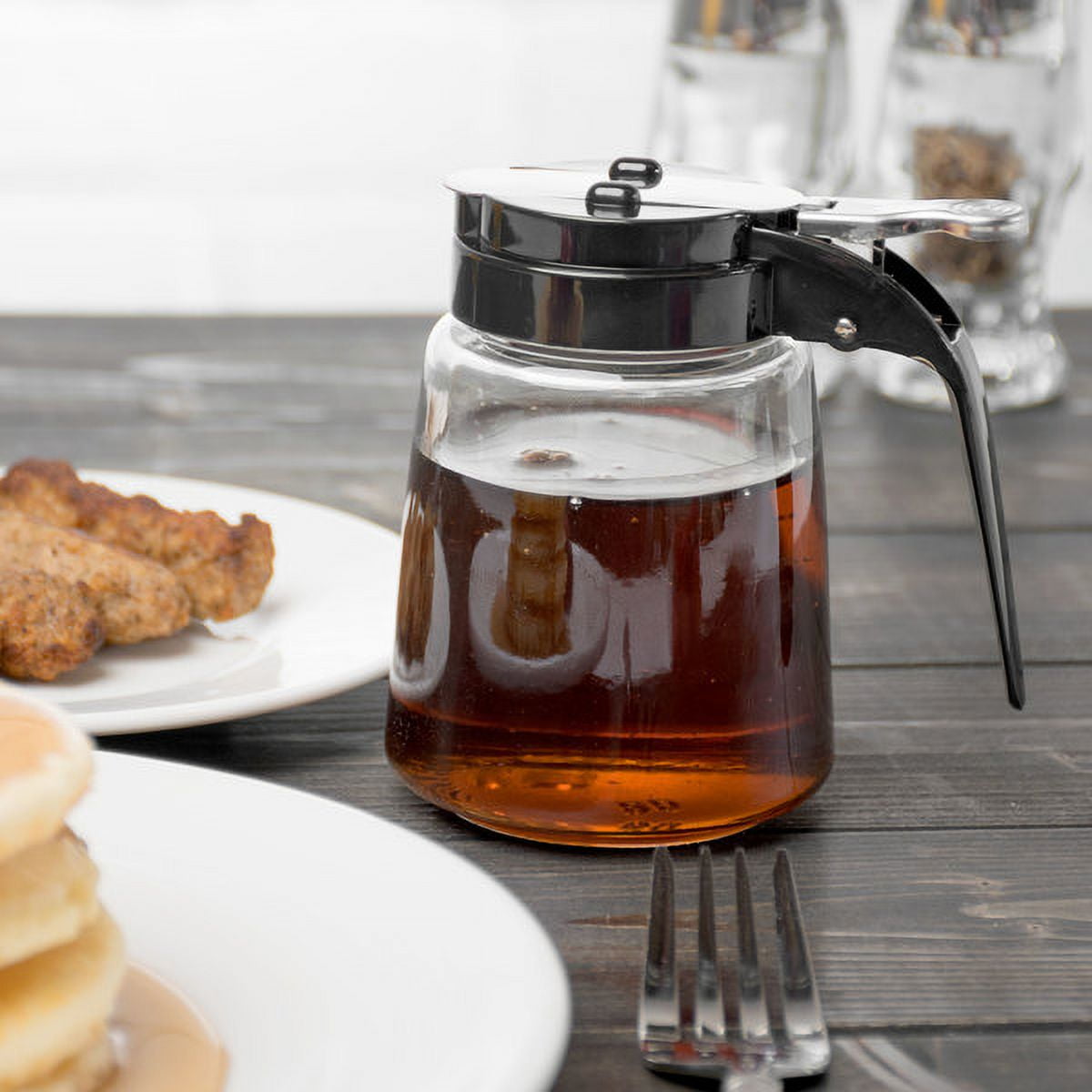 Tablecraft 1370BK 8 oz. Glass Modern Syrup Dispenser with Black ABS Top - 12/Pack