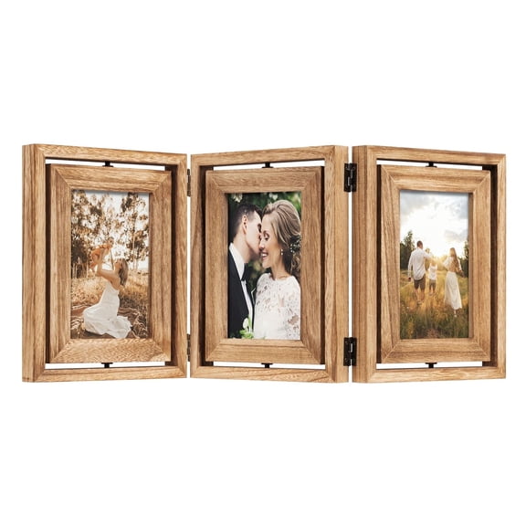 Sfugno 4x6 Picture Frame,Tabletop Rustic Wood Hinged Folding Triple Picture Frames Collage, Double-Sided Display Rotatable High Definition Glass Photo Frame,Brown