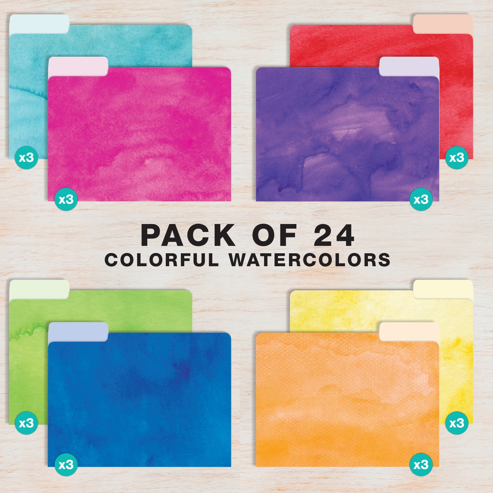 Global Printed Products Deluxe Designer Printed File Folders, 1/3 Cut Tab, Assorted Positions, Letter Size, 24/pk (Watercolor Solid)