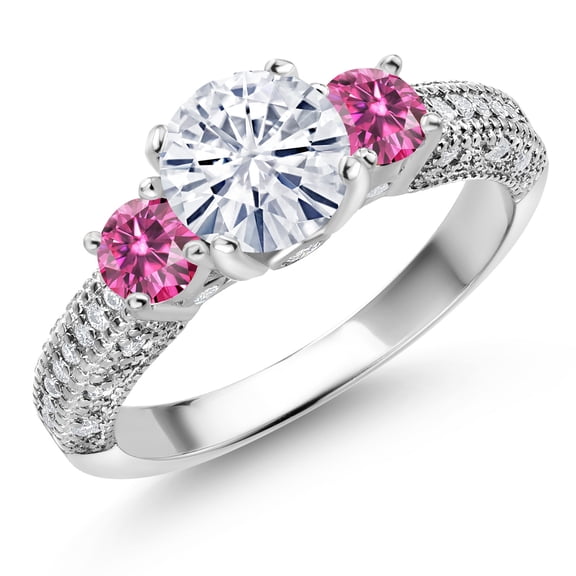 Gem Stone King 925 Sterling Silver White Moissanite and Pink Moissanite Engagement Ring for Women (1.74 Cttw, Gemstone, Round 7MM and 4MM, Size 8)