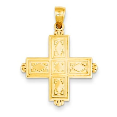 14k Yellow Gold Reversible Etched Square Cross with Crown Tips Pendant