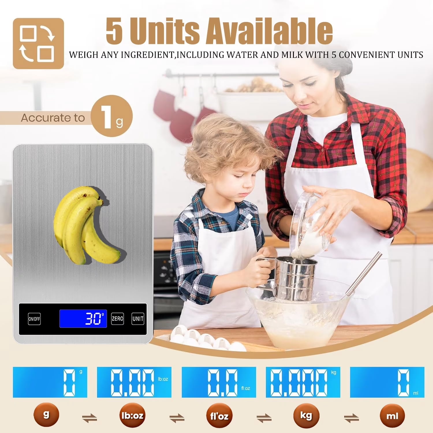 ZOWWKLLY Digital Food Kitchen Scale, Gram Scale 1g/0.1oz Accuracy, 15kg/33lb Stainless Steel with 5 Units, Tare Function& LCD Display, USB Rechargeable & Battery Powered, for Coffee, Baking, Cooking