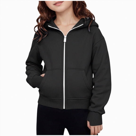 Staki Girls' Outerwear Jackets Kids Soft Fleece Zip up Hoodie with Pockets 5-14Y(Black,11-12 Years)