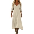 thumbnail image 2 of Women's 2026 Fit And Flare Dress V-Neck Casual Sundresses Dress Women's V-Neck Solid-Color Casual Long-Sleeved Short Dress Beige M, 2 of 7