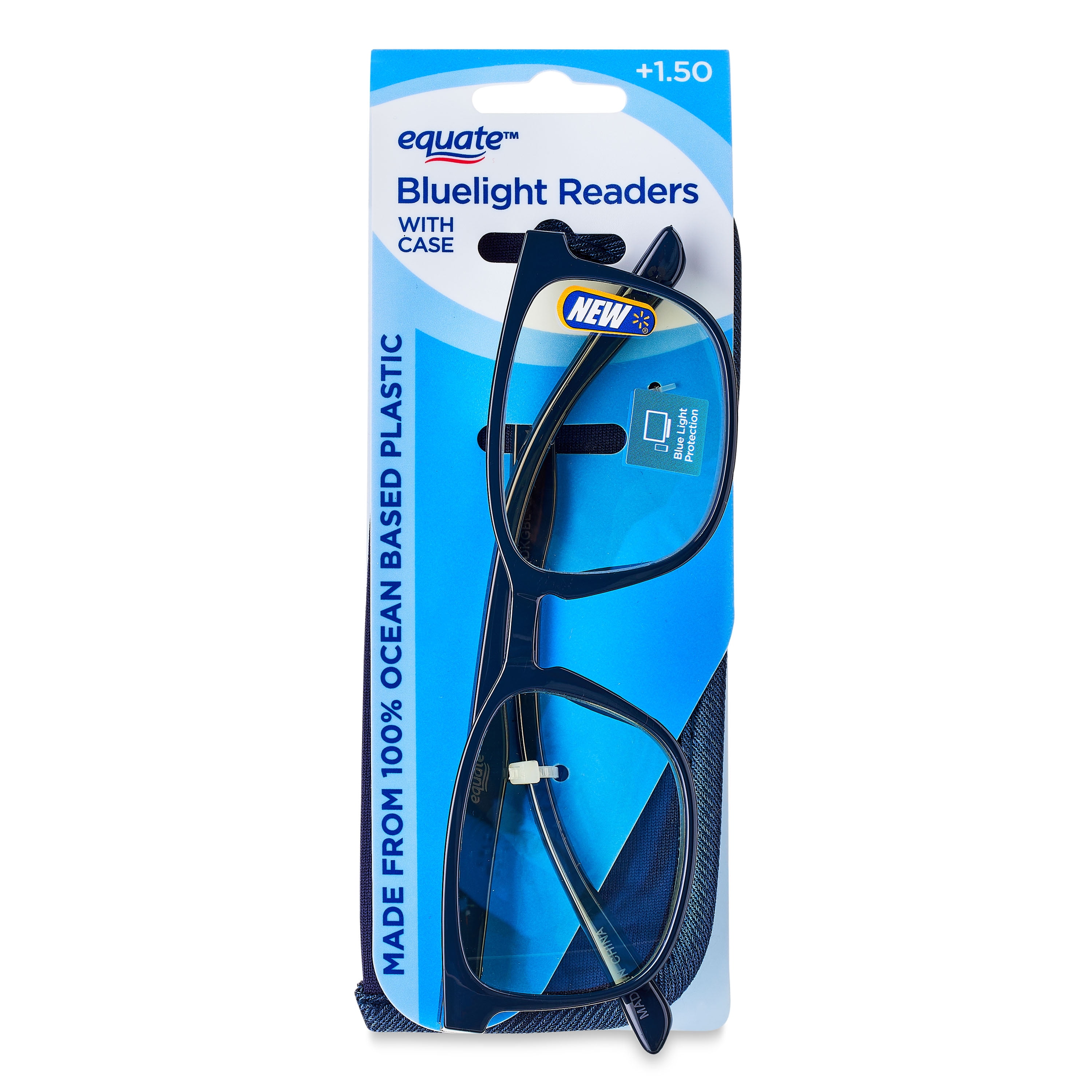 (2 pack) Equate Unisex Pike Bluelight Rectangular Reading Glasses with Case, Dark Grey Blue, +1.50