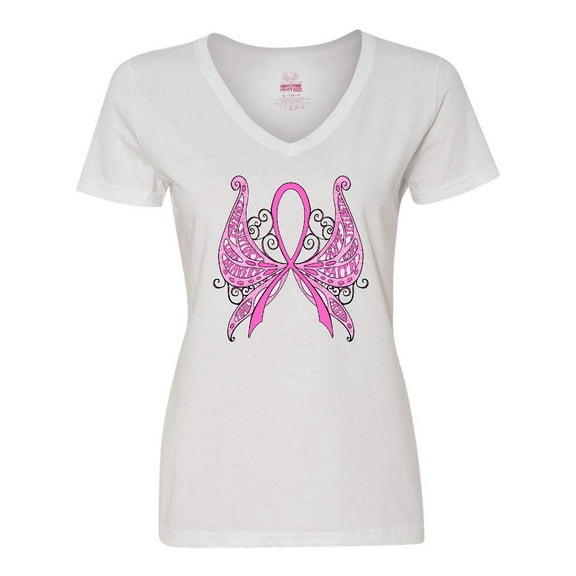 Inktastic Breast Cancer Awareness with Butterfly Ribbon Words Women's V-Neck T-Shirt
