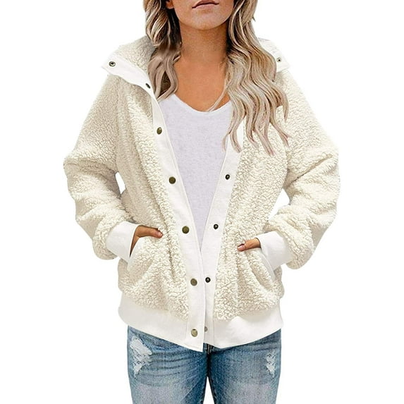 IFJIM Womens Winter Fleece Sherpa Jacket Warm Button Coat with Pockets Cream L