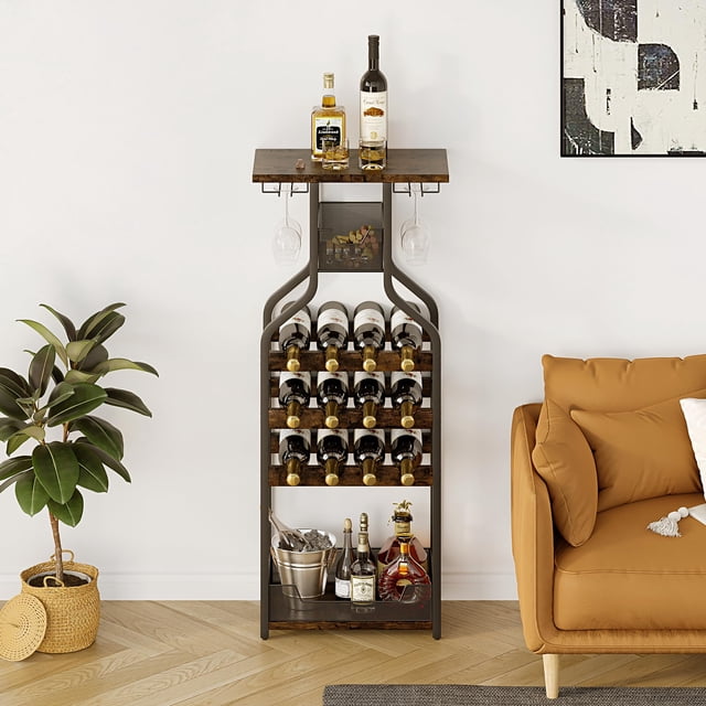 QinaQin Freestanding Floor Wine Rack, Multi-Functional Mini Bar Table with Storage Shelves and Glass Holder