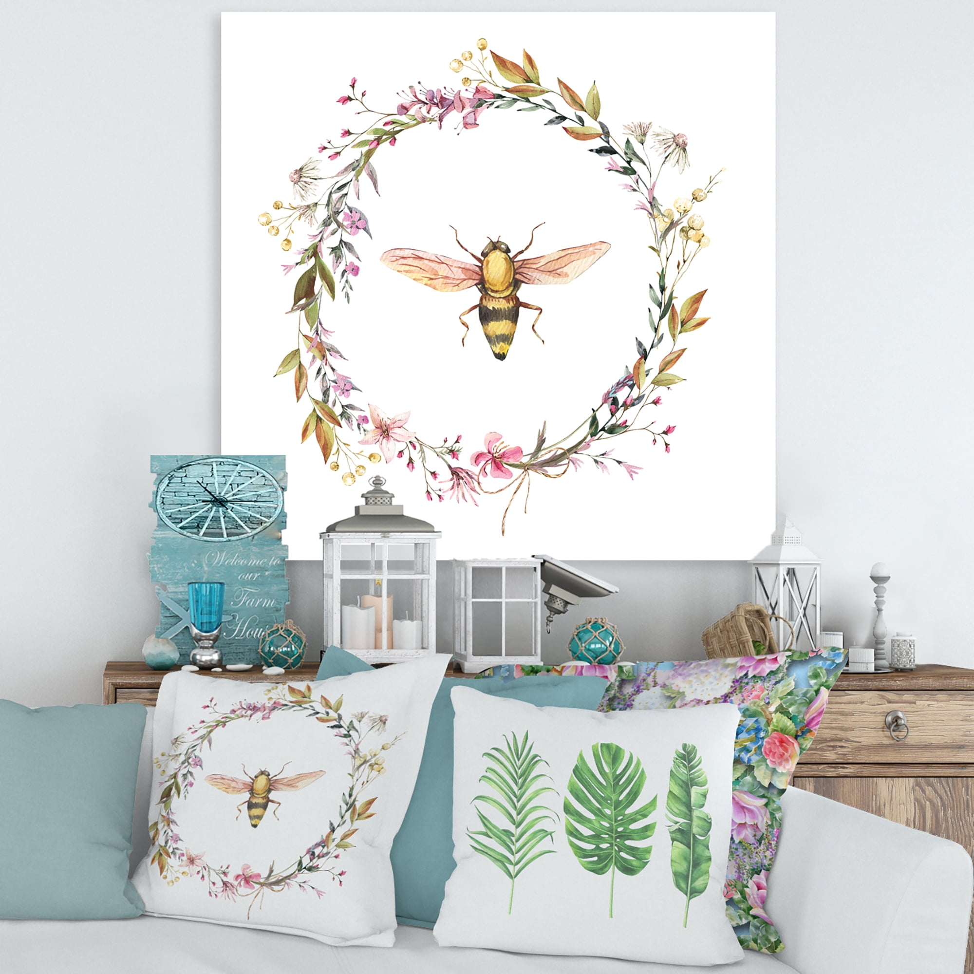 Wildflowers Wreath and A Bee 30 in x 30 in Painting Canvas Art Print, by Designart