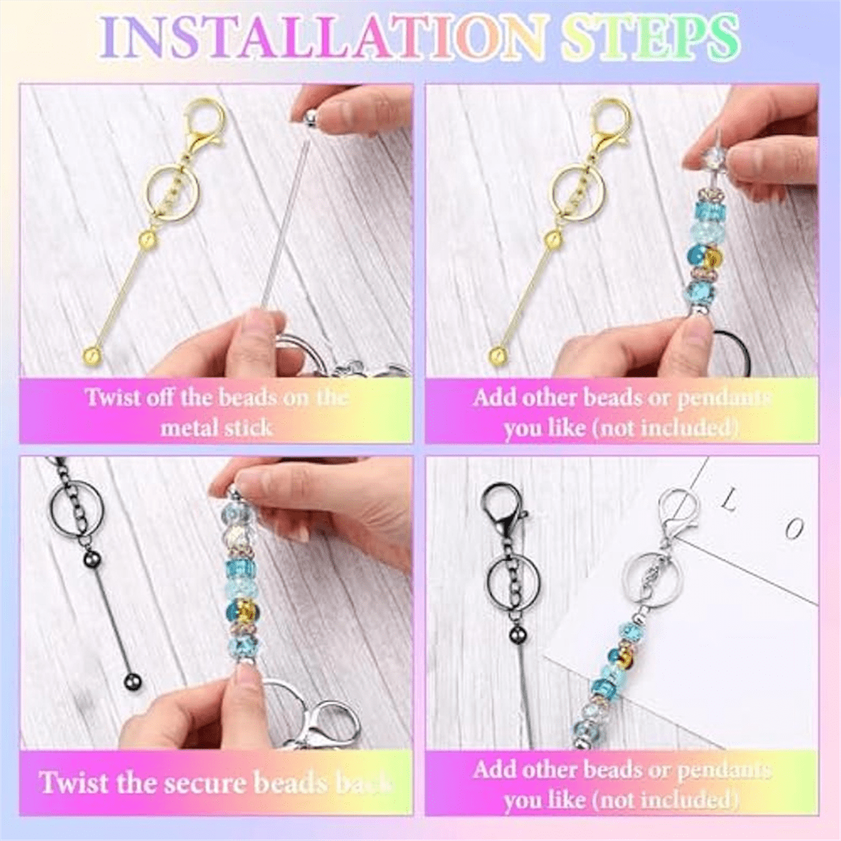 63 Pcs Beadable Keychain Bars Resealable Set Making Supplies Kit for DIY Pendant Craft Jewelry