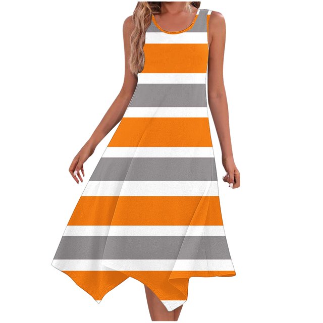 Ladies Summer Tops Impreso sin Mangas Cuello Redondo Vestido Casual para el Uso Diario Y Casual