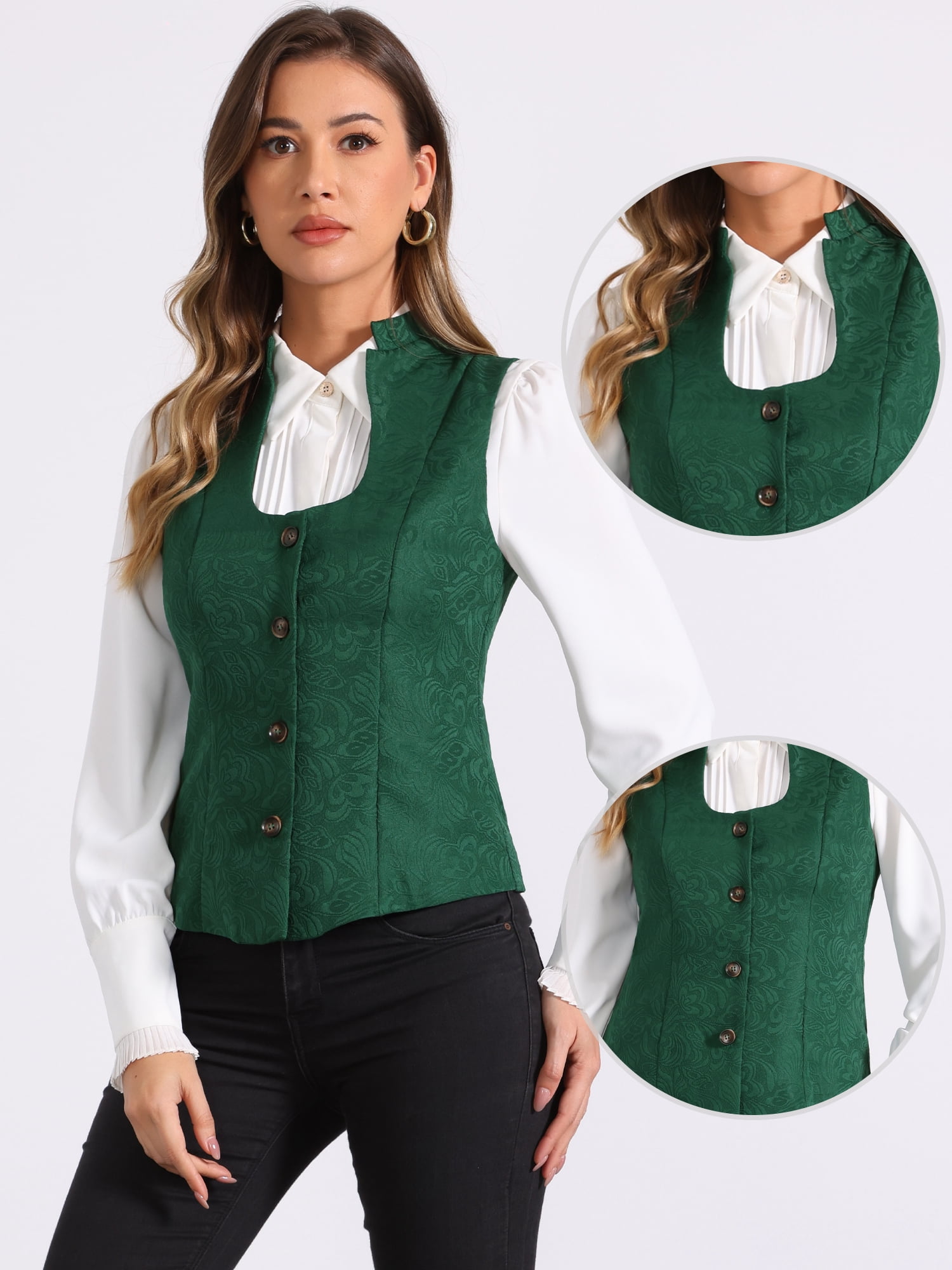DARING DIVA Women's U Neck Jacquard Single Breasted Floral Gothic Waistcoat XL Green