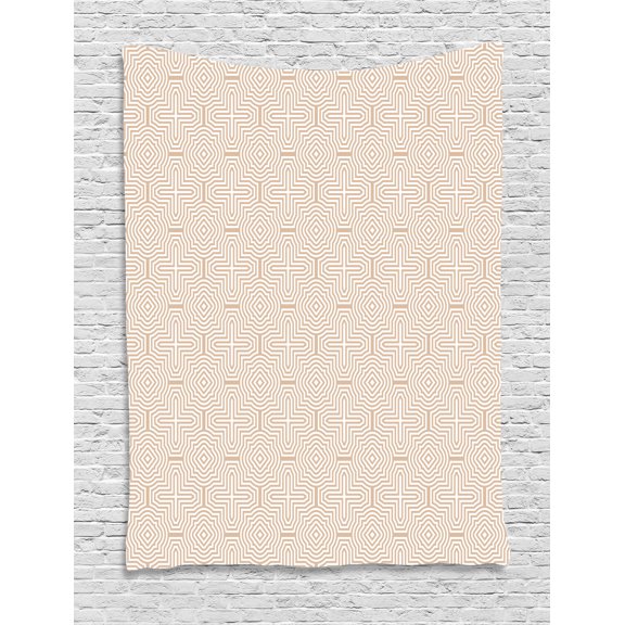 Tan and White Tapestry, Abstract Maze-like Pattern with Ornamental Curved Lines and Rhombuses, Wall Hanging for Bedroom Living Room Dorm Decor, 40W X 60L Inches, Tan and White, by Ambesonne