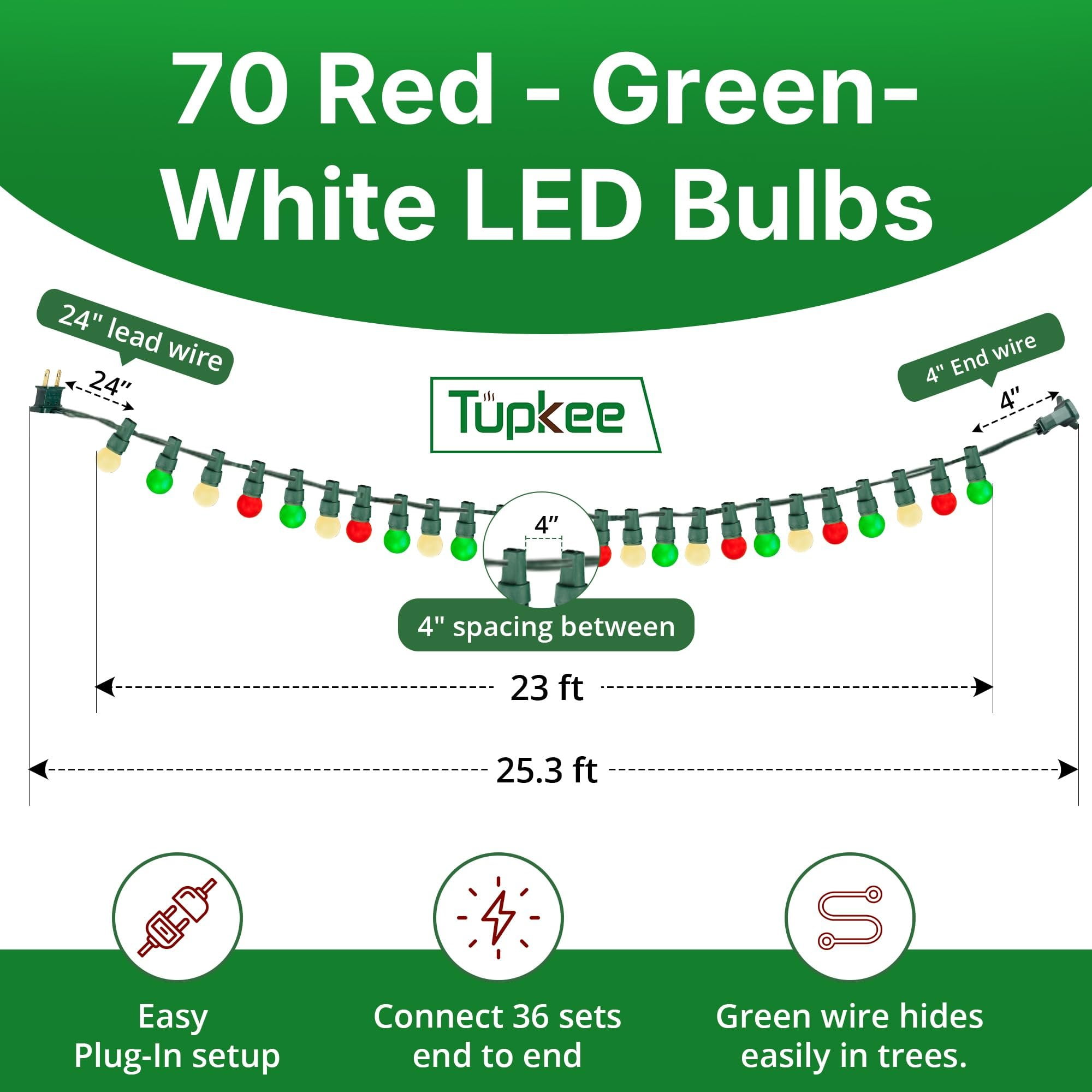 Tupkee Pearlized Glass Mini Globe Lights Set - 70 G15 Red, Green & Warm-White LED Bulbs - Indoor Outdoor - 25.3 Feet Pearl Berry Mini Globe Round Bulb Light String, Christmas Tree Holiday Lights