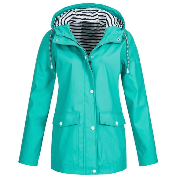 Ikevan Women Solid Rain Jacket Outdoor Plus Size Waterproof Hooded Raincoat Windproof Green 22(XXXXXL)