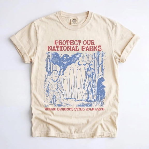 Unisex Vintage 90s Cryptid National Parks Graphic T-Shirt, Protect Our Parks Camping Hiking Tee, Fantasy Creature Gift