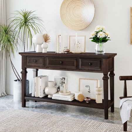 HNGMTON TREXM Classic Retro Style Console Table with Three Top Drawers and Open Style Bottom Shelf Easy Assembly (Espresso)