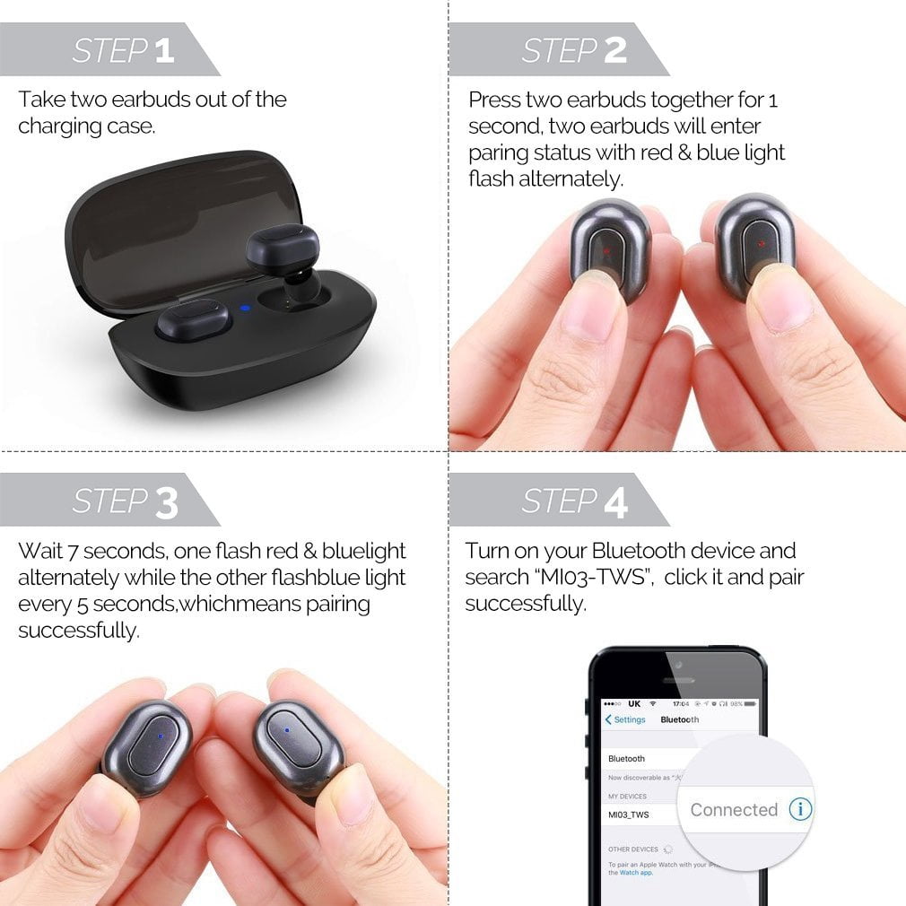 Mini Wireless Earbuds Bluetooth Earpiece Headphone - Noise Cancelling Sweatproof Headset with Microphone Built-in Mic and Portable Charging Case,Balanced, Bass Boost