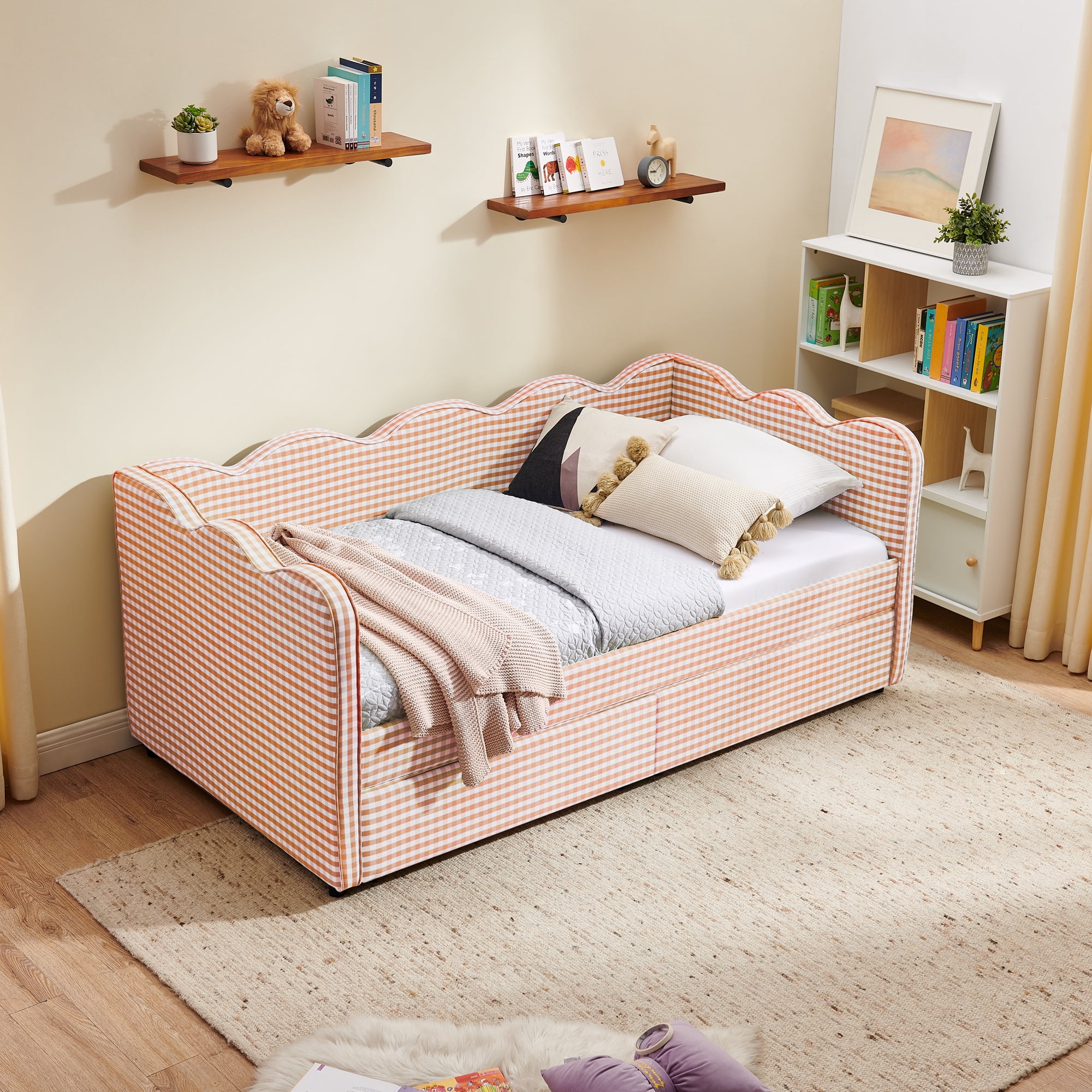 Leumius Twin Size Gingham Daybed with Storage Drawers,Modern Linen Daybed with USB Ports & Wave Shaped,Upholstered Day Bed Frame Sofa Bed for Living Room/Bedroom/Guest Room,Pink