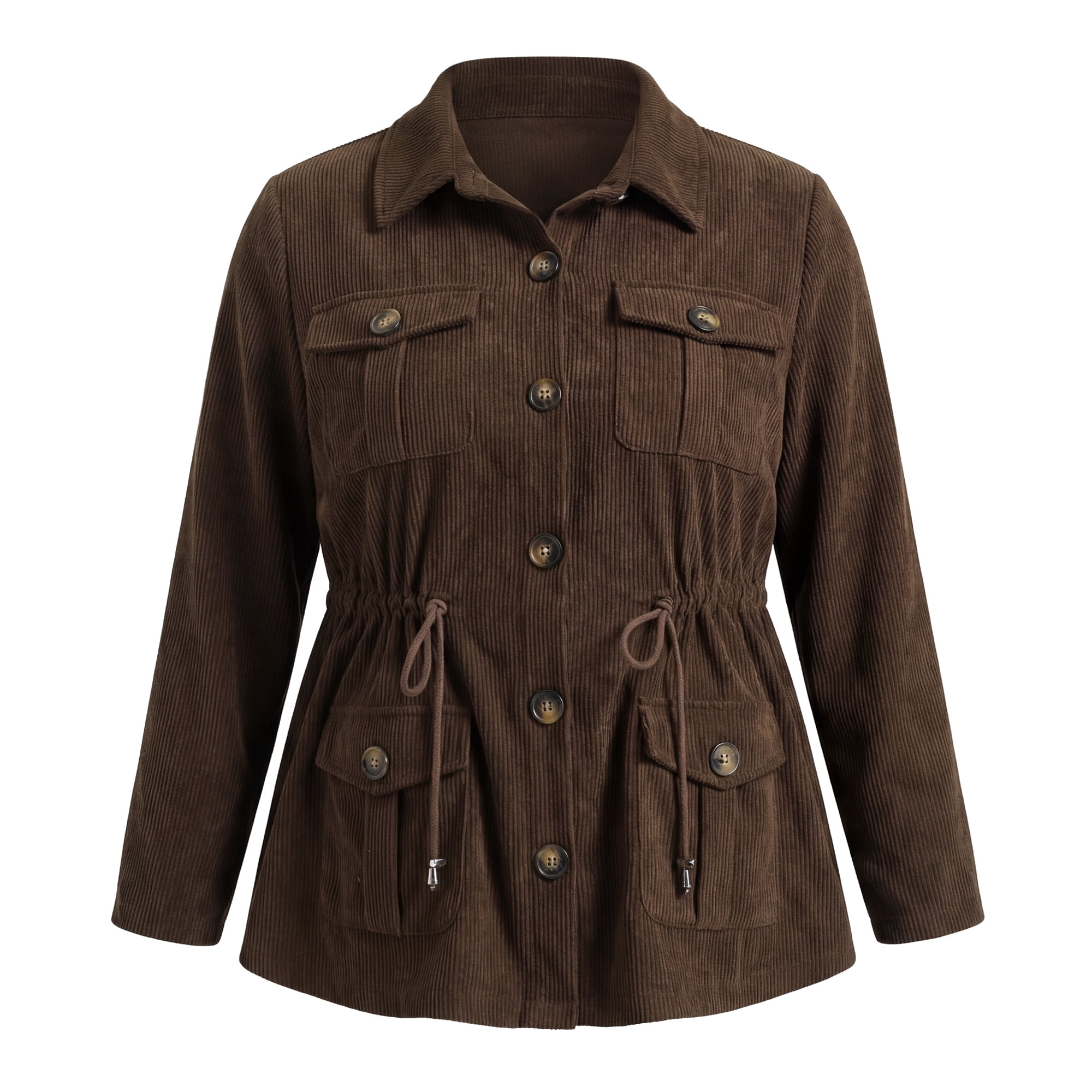 DARING DIVA Women's Plus Corduroy Jacket Long Sleeve with Pocket Shacket 2X Brown
