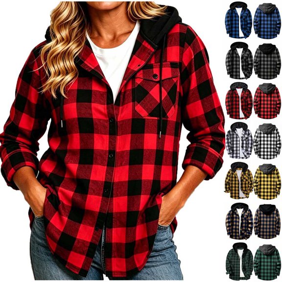 Ihhxva Women's Cotton Tops Hooded Plaid Shirt Button Front with Pockets Fit Flannel Hoodie Casual Long Sleeve Relaxed Oversized Style for Fall Winter S-2XL
