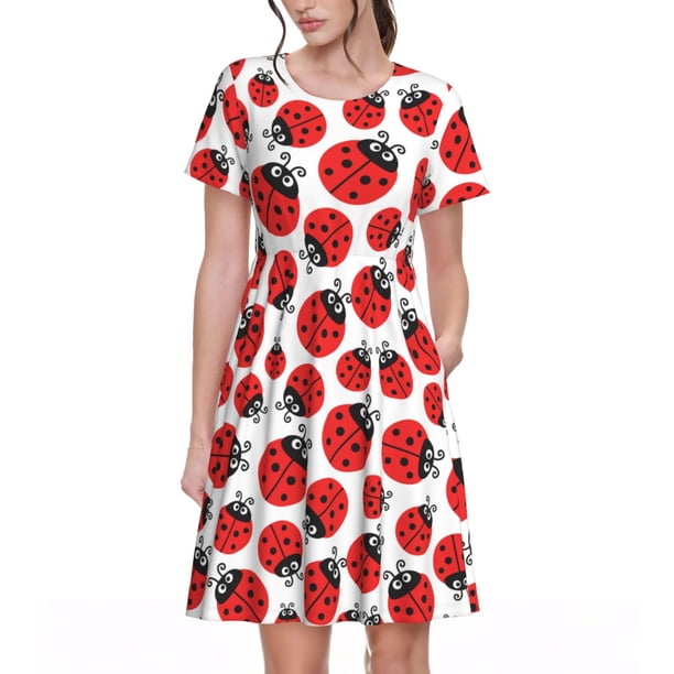 Easygdp Cartoon Ladybug para Vestido Transpirable de Mujer, Vestido Suelto de Manga Corta con Pliegues y Bolsillos para el Verano