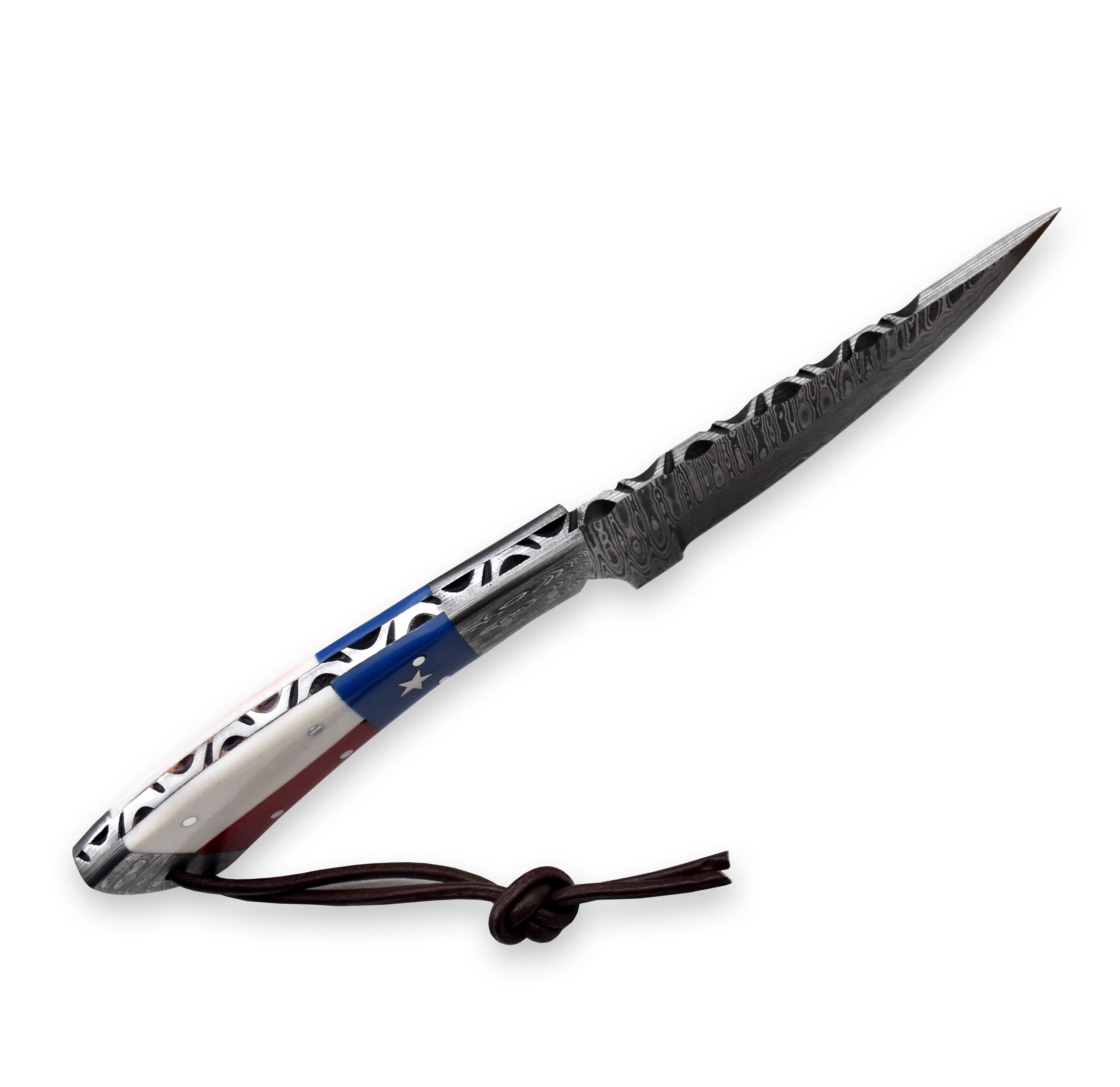 Hercules Knives Damascus Steel Camping Hunting Knife with Leather Sheath Texas Flag Resin Handle