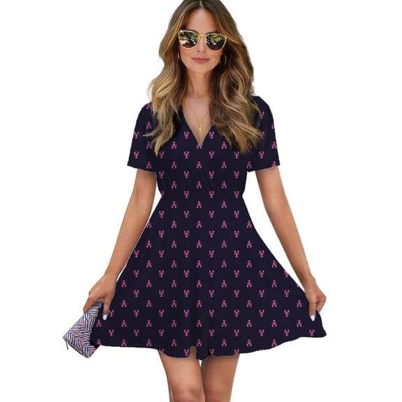 Navy And Pink Lobsters Pattern Women Dress V-Neck Short Sleeve Flowy Swing Party Midi Dress