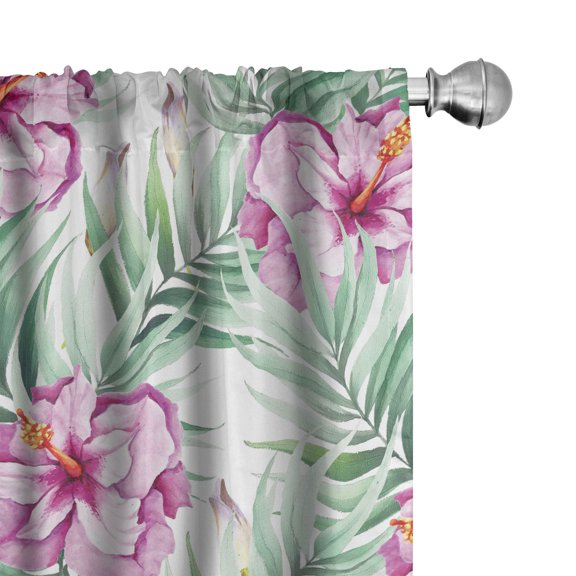 Ambesonne Tropical Curtains, Hibiscus Palm Watercolor, Pair of 28"x63", Reseda Green and Pale Fuchsia