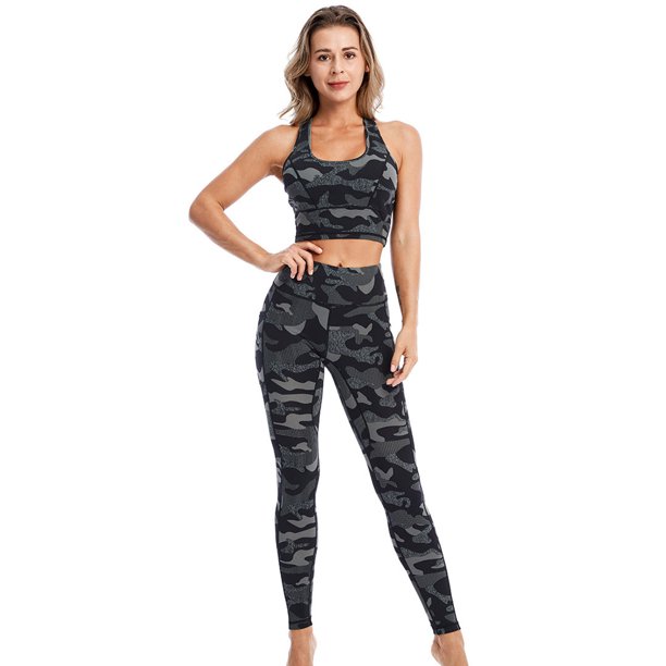 Puntoco Conjunto de yoga para mujer Fitness Correr Estampado ajustado Camiseta deportiva sin mangas Sujetador Fitness Conjunto de dos piezas Liquidación Puntoco Puntoco-4265