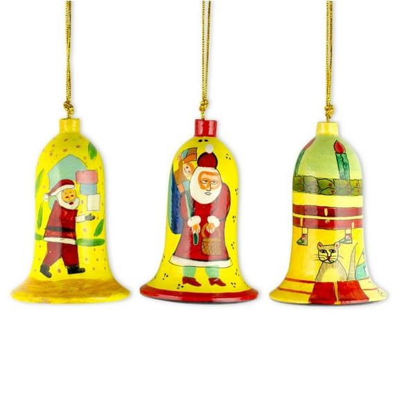 Set of 3 Vintage-Style Santa Holiday Bell Wooden Christmas Ornaments
