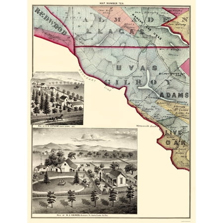 Historic County Map - Santa Clara County California - Thomas 1876 - Vintage Wall Art