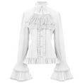 thumbnail image 2 of FAOWME Women's Retro Shirt With Straps Inside Pleated Lace Long Sleeved Stand Collar Solid Color Buttons Fashion Blouse Top For Stage Performance,White,M, 2 of 3