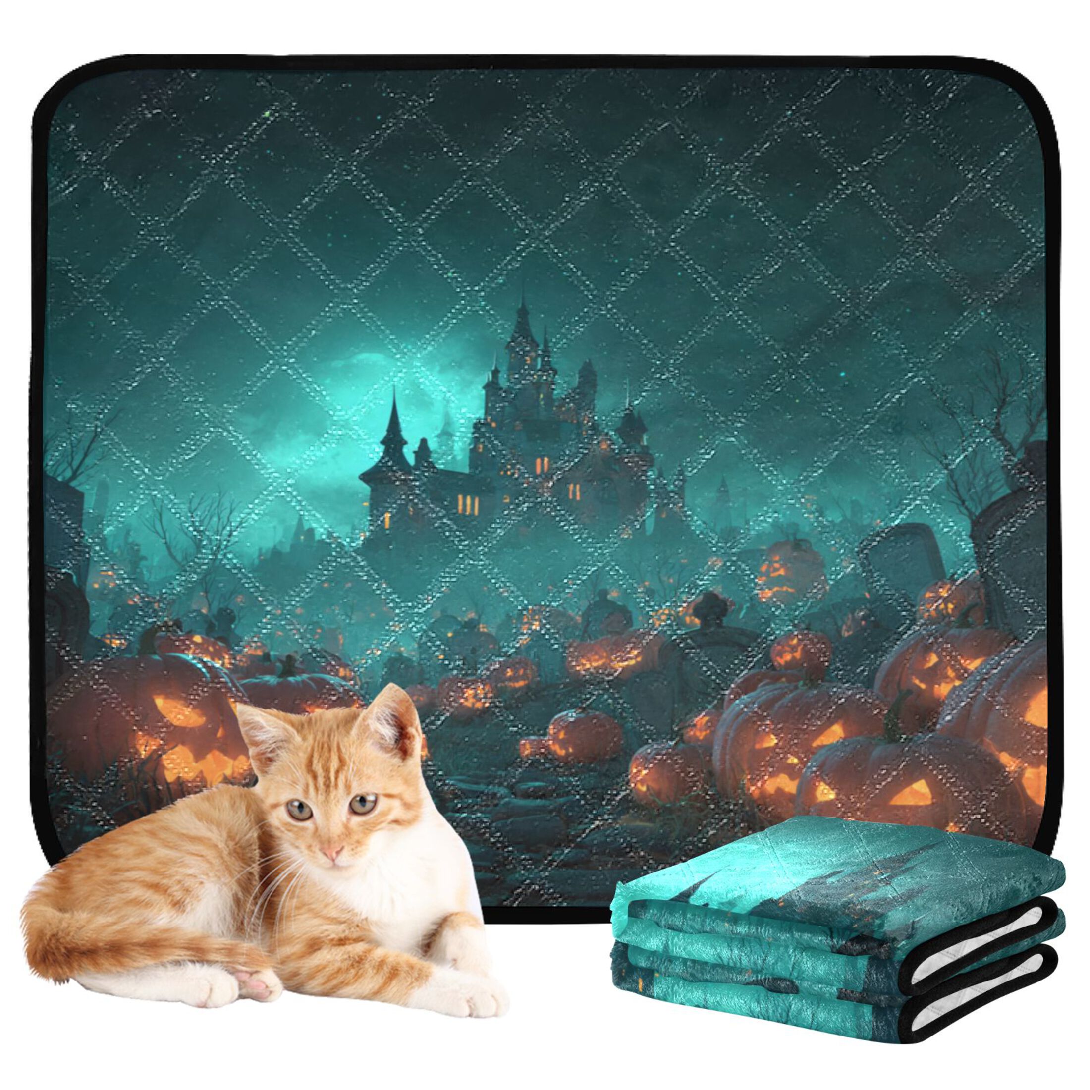 Qxltty Halloween Night Cat litter Pads Pet Set of 2 Diaper Mats Center Anti-leakage Layer Absorbent Soft and Comfortable