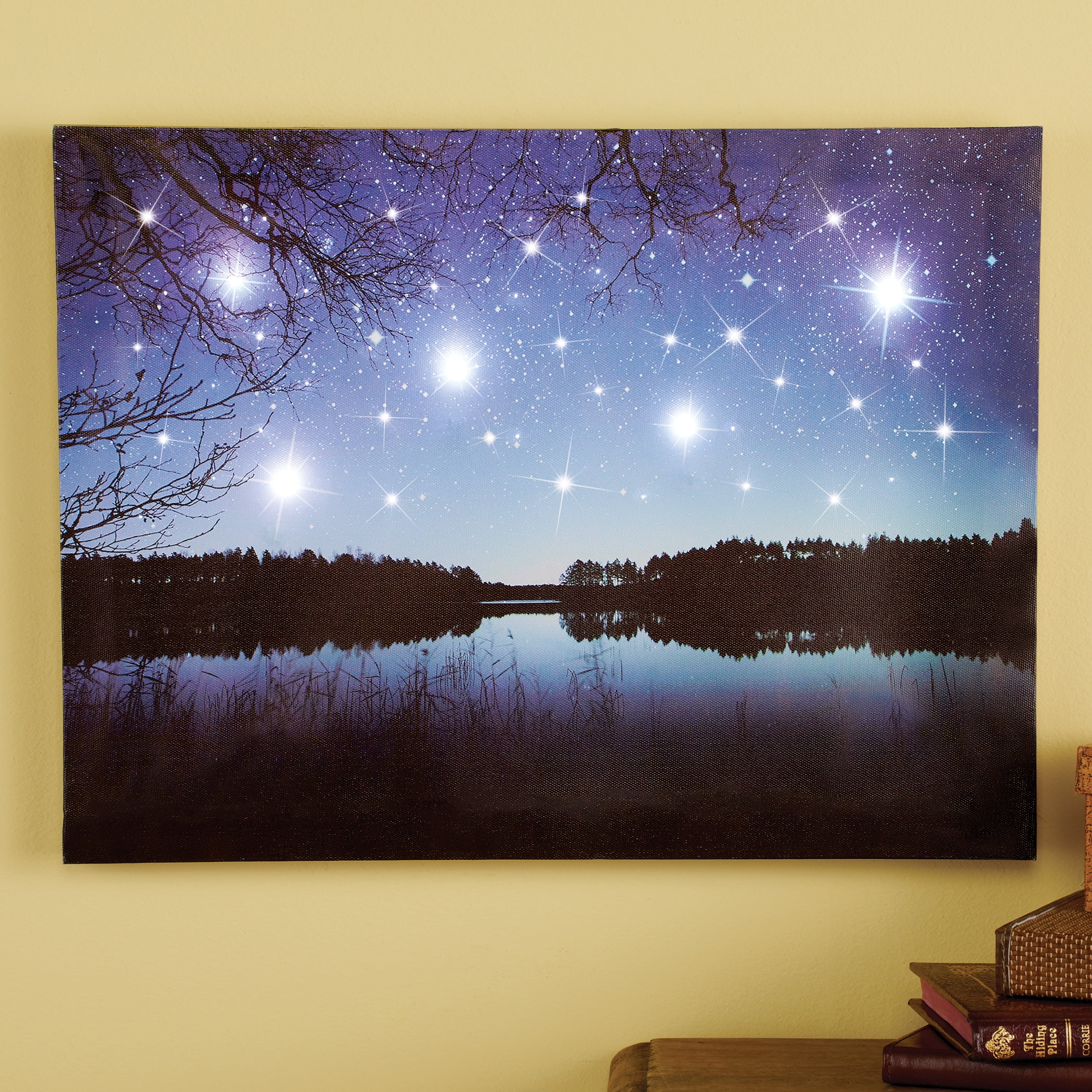 Collections Etc Starry Night Lake Scene Lighted Led Canvas Wall Art With Twinkling Display Decorative Accent For Any Room In Home Walmart Com Walmart Com