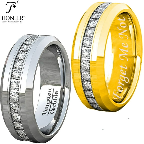 Tioneer Tungsten Carbide Wedding Band Ring Eternity Style Cubic Zirconia Mens Womens 8mm Forget Me Not Engraved