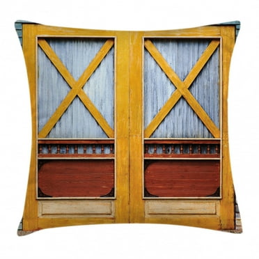 Rustic Throw Pillow Cushion Cover, Authentic Lumber Door of Urban House in Town Classic Featured Nostalgic Gate Print, Decorative Square Accent Pillow Case, 16 X 16 Inches, Blue Orange, by Ambesonne