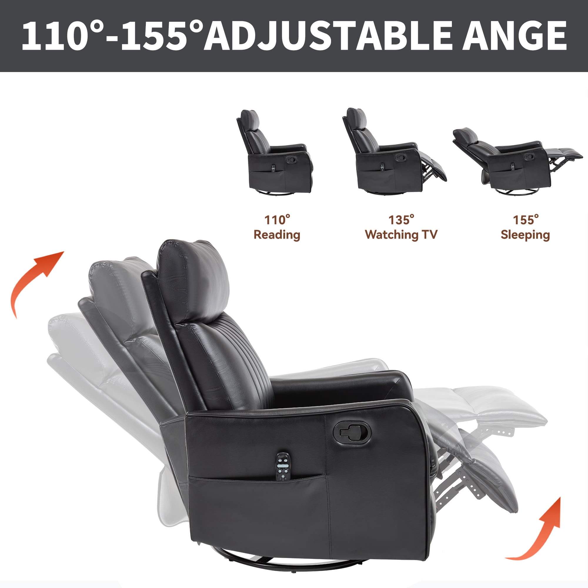 Manual Swivel Rocker Recliner Chair for Adults,Overstuffed Reclining Glider Chair with Vibration Massage & Heat,Upholstered Recliners with Side Pockets for Living Room,Black PU
