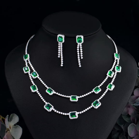 Green Square Necklace Earrings Tennis Dangle Silver Plated Jewelry CZ 2 Rows Set