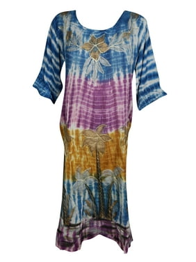 Mogul Women's Tie Dye Summer Tunic Dress Floral Embroidered Tie Back Beach Cover Up Long Dresses