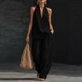 thumbnail image 3 of Textilo Women's Cotton Linen 2 Piece Sets Sleeveless V Neck Halter Top and Wide Leg Pants Solid Color Outfit Trendy 2026 Breathable Summer Travel Casual Wear,Black XL, 3 of 5