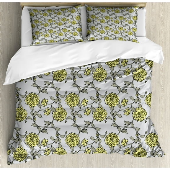 Grey and Yellow Duvet Cover Set Queen Size, Pattern with Chrysanthemum Flowers Illustration in Vintage Style, Decorative 3 Piece Bedding Set with 2 Pillow Shams, Grey Taupe Yellow, by Ambesonne