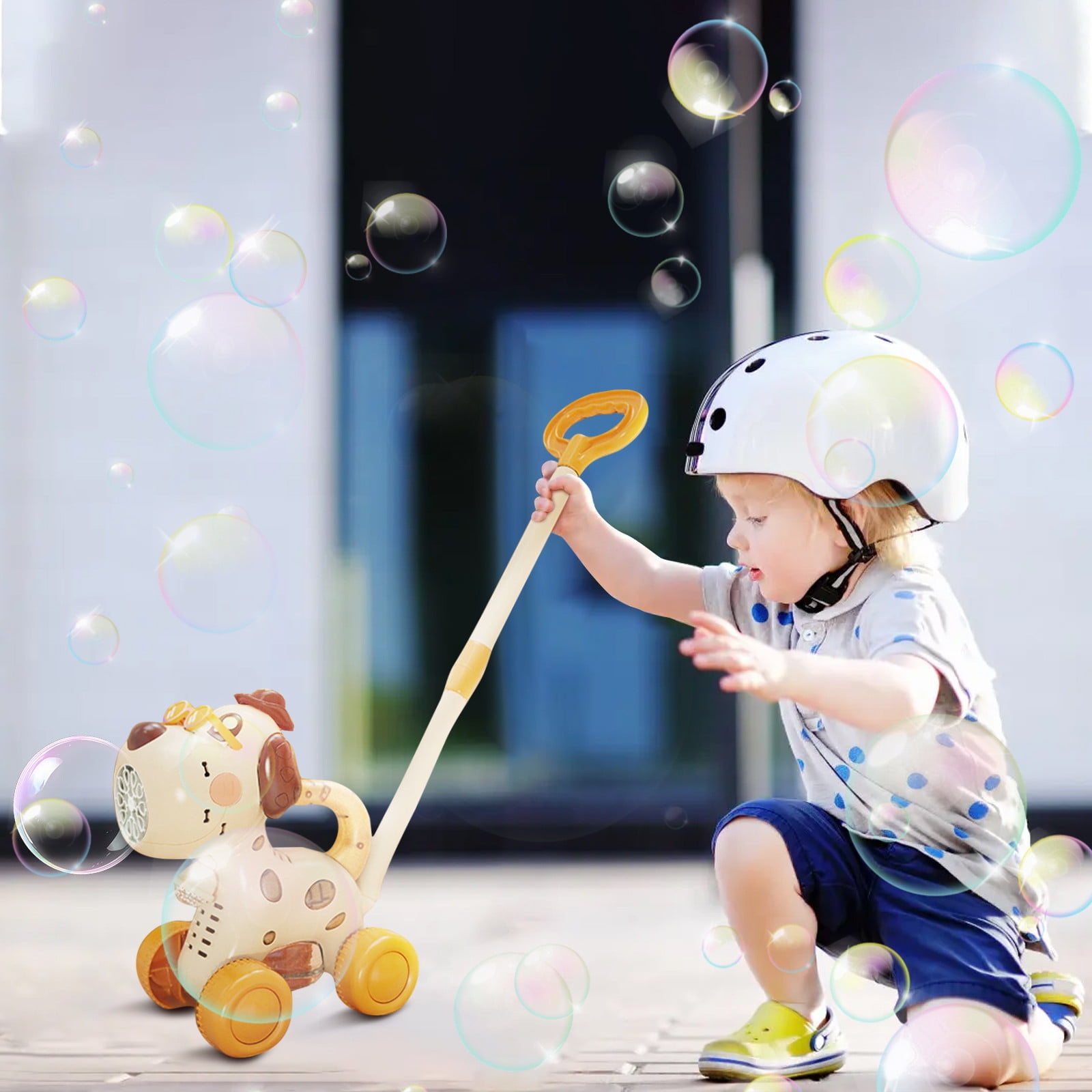 Dog Push Bubble Machine, Automatic Bubble Blower with Music and Colorful Bubble Effects, Portable Outdoor Bubble Maker with Handle Rod and 90ml Bubble Solution