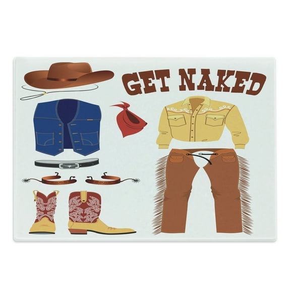 Cowboy Cutting Board, Classic Country Clothes in Cartoon Style Boats Hat Shirt Pants and Vest Print, Decorative Tempered Glass Cutting and Serving Board, in 3 Sizes, by Ambesonne