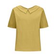 thumbnail image 4 of Pincandy Women's Solid Summer Linen Loose Lapel Doll Neck Cute Shirt Top Short Sleeve Shirts Collared V Neck Button Summer Casual Top,Yellow,XL, 4 of 6